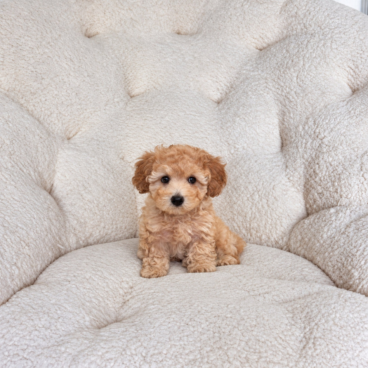 Rowan, an apricot toy maltipoo puppy, sitting on a cream sherpa chair