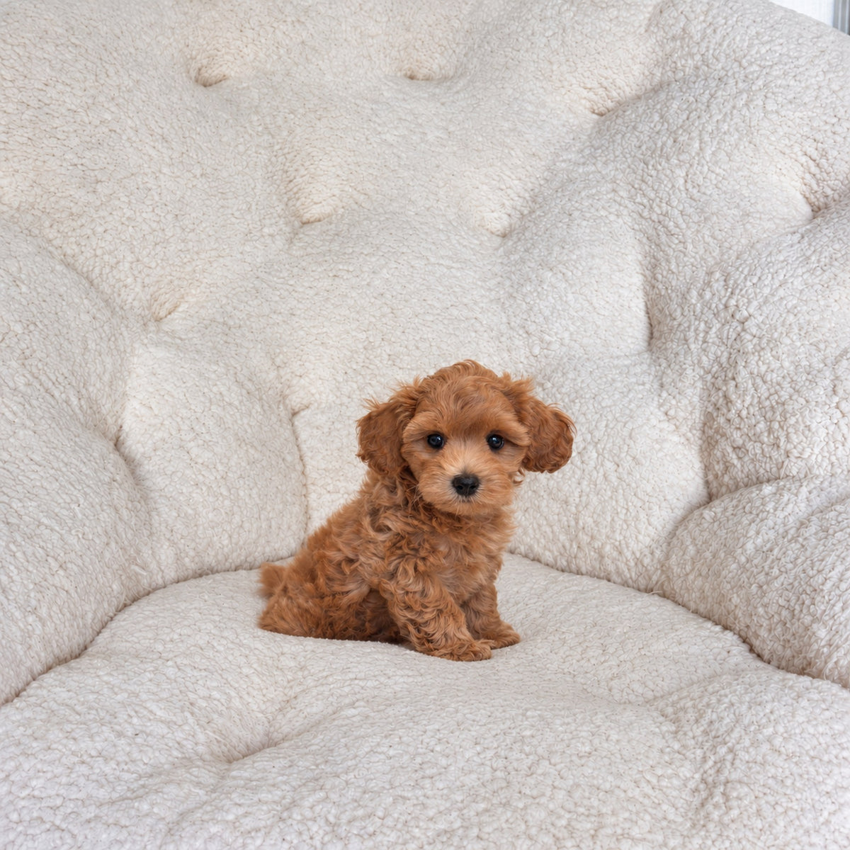 Forest, an apricot toy maltipoo puppy, sitting on a cream sherpa chair
